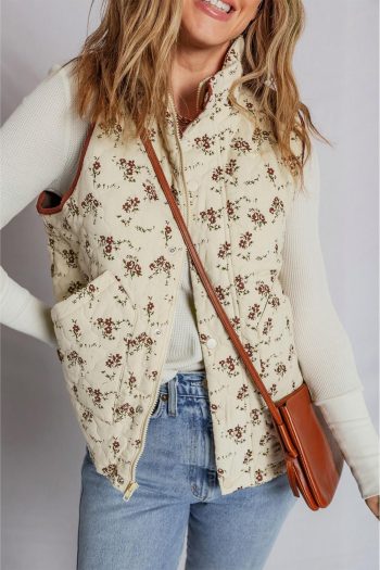 Women Coats | Gilet Chaud Matelassé Zippé À Imprimé Floral Abricot